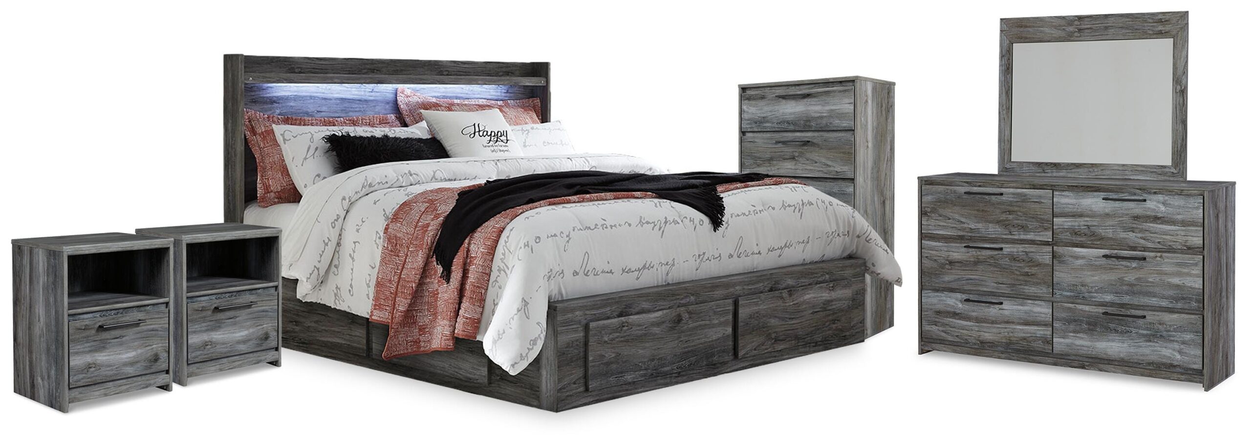 Baystorm King Storage Bed, Dresser, Mirror, Chest and 2 Nightstands