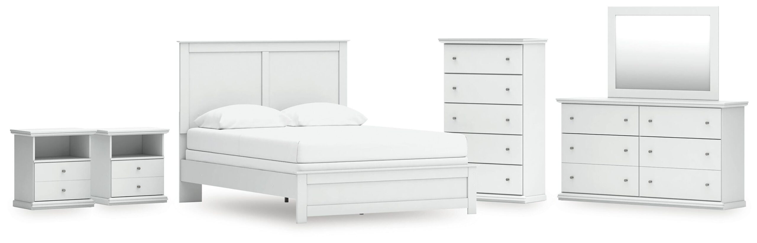 Bostwick Shoals Queen Panel Bed with Mirrored Dresser, Chest and 2 Nightstands
